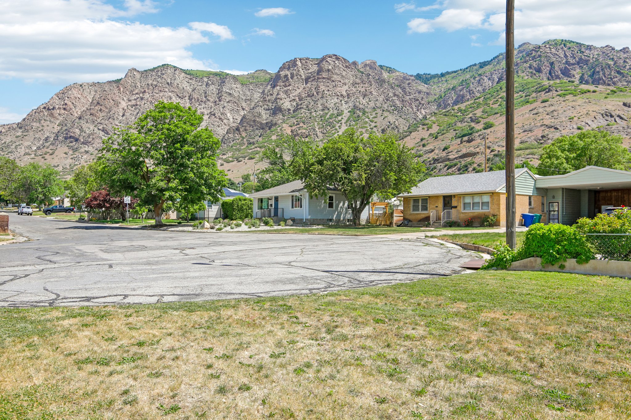 Mountain backdrop with homes featuring varied exterior finishes and mature trees