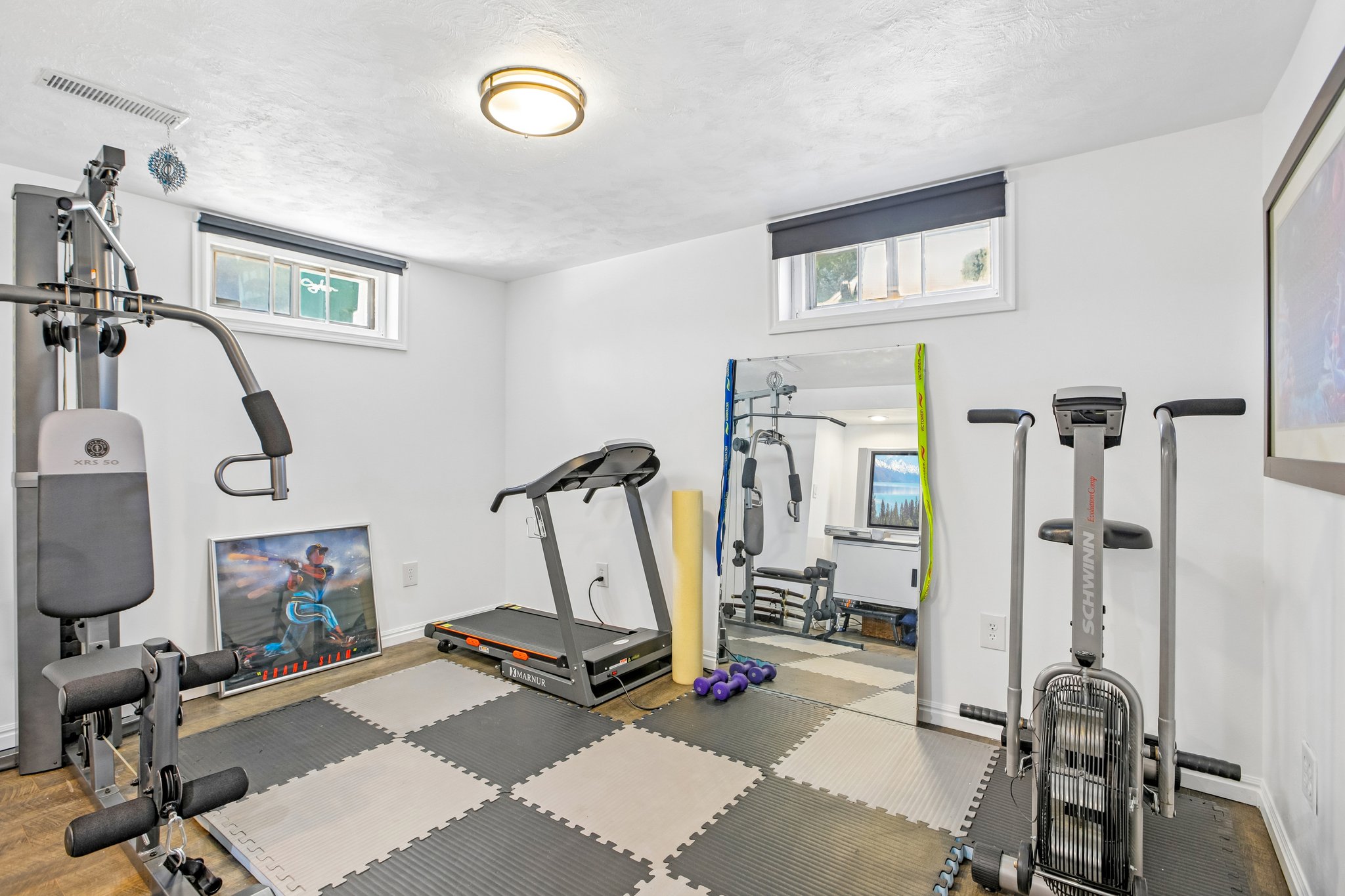 Versatile room featuring white walls, recessed windows with roller shades, and a ceiling-mounted flush light fixture