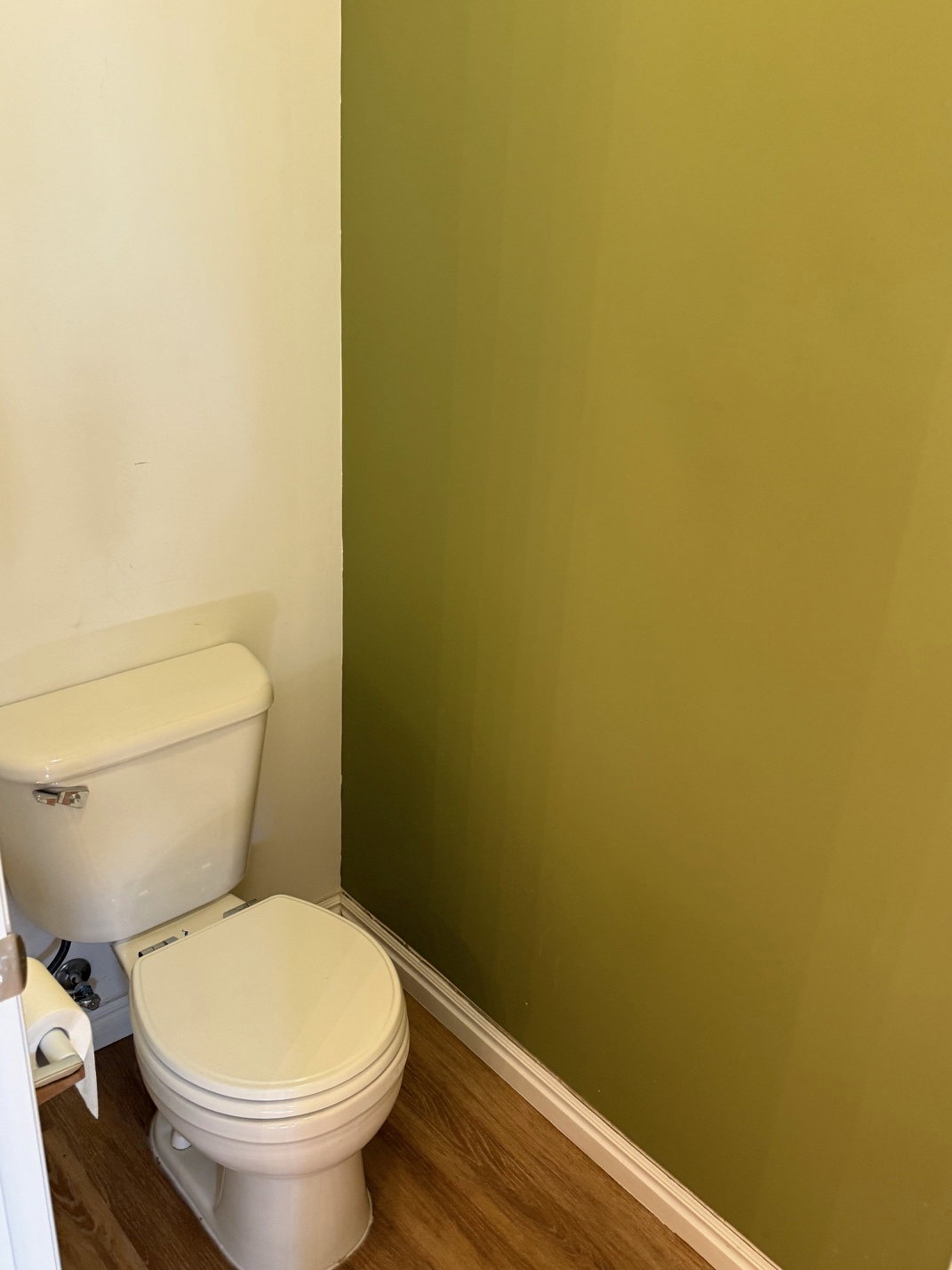 Master bathroom featuring a white toilet, wood-finish flooring, white baseboards, and a two-tone wall with a green accent