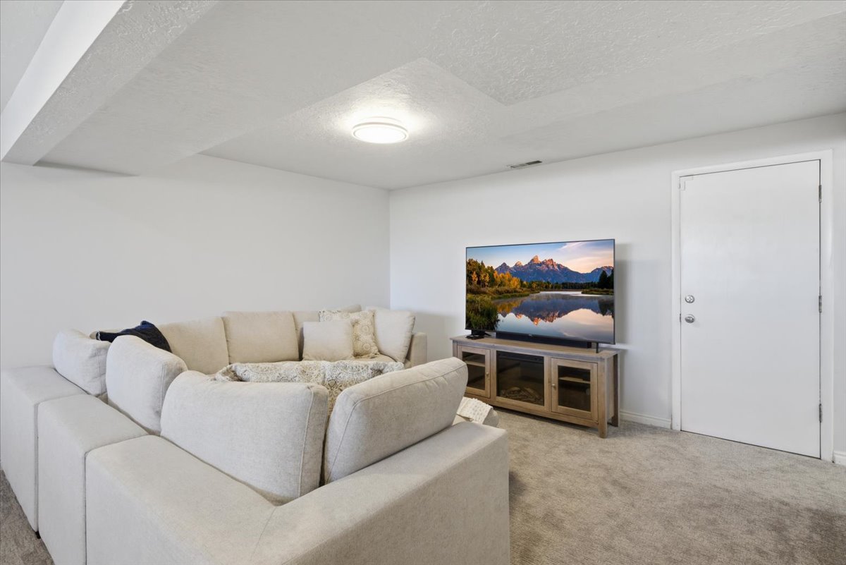 Carpeted living area featuring a flush-mount ceiling light, white painted walls, and a white door with silver hardware