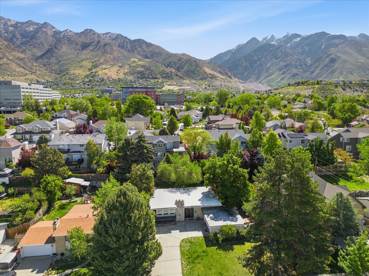 Aerial view showcasing a residential neighborhood with a mountainous backdrop, lush green trees, and diverse architectural styles