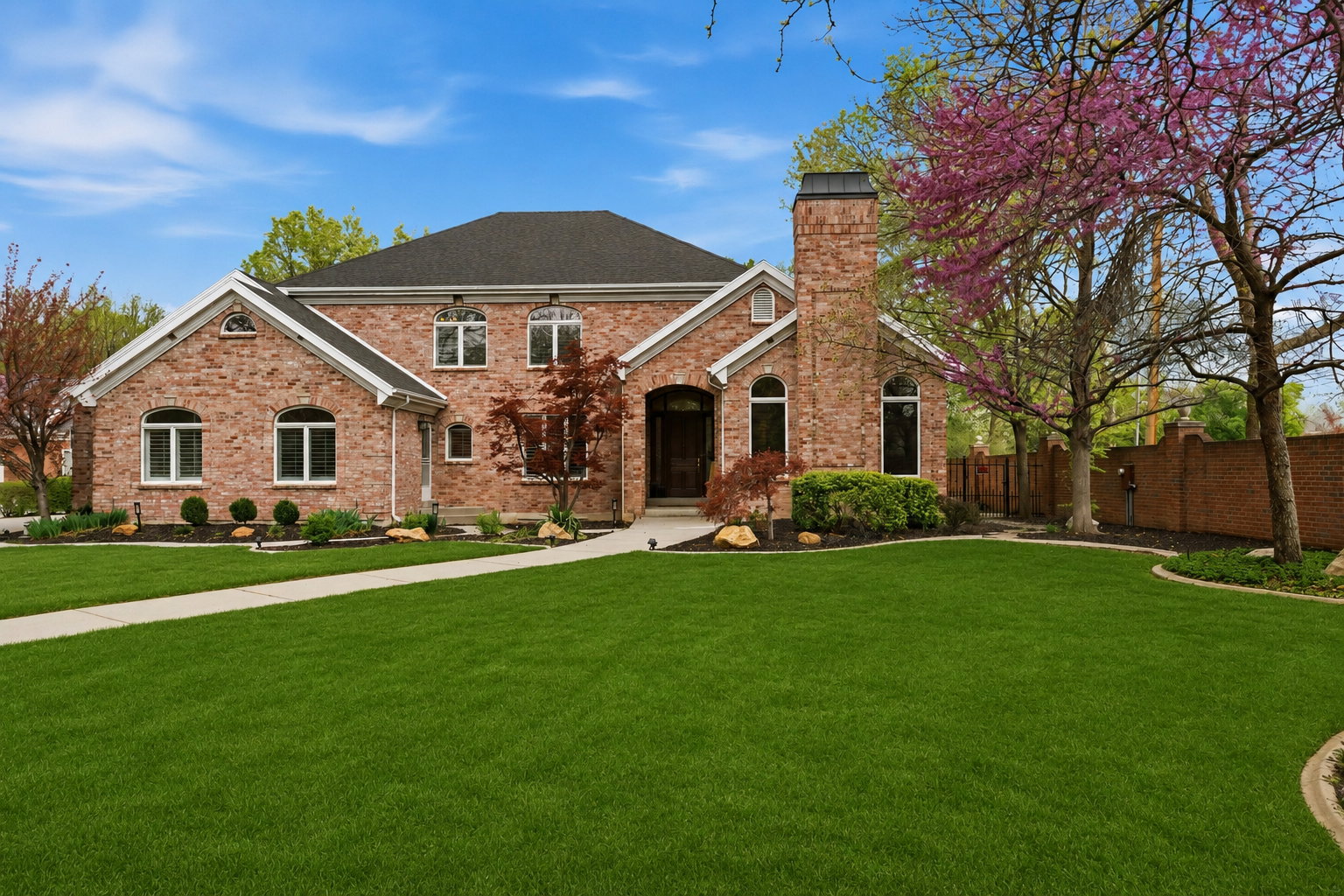 Brick exterior with a dark shingle roof, featuring arched windows and a prominent brick chimney