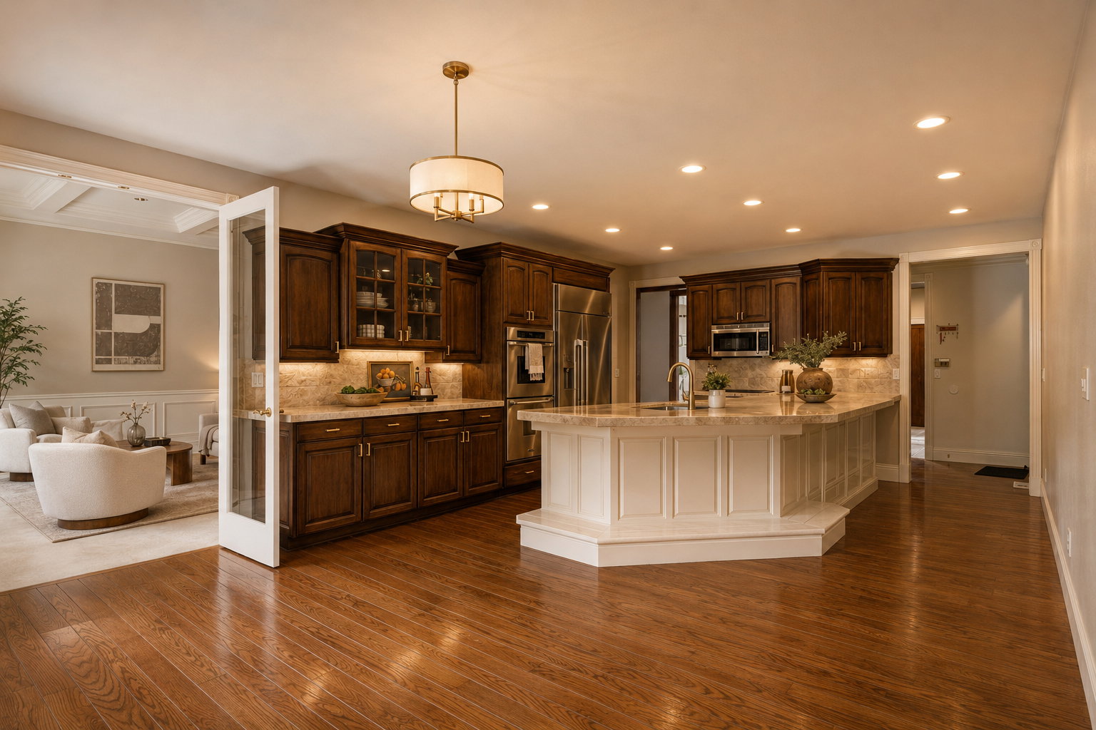 Spacious kitchen featuring rich wood cabinetry, stainless steel appliances, and a substantial multi-level island with seating