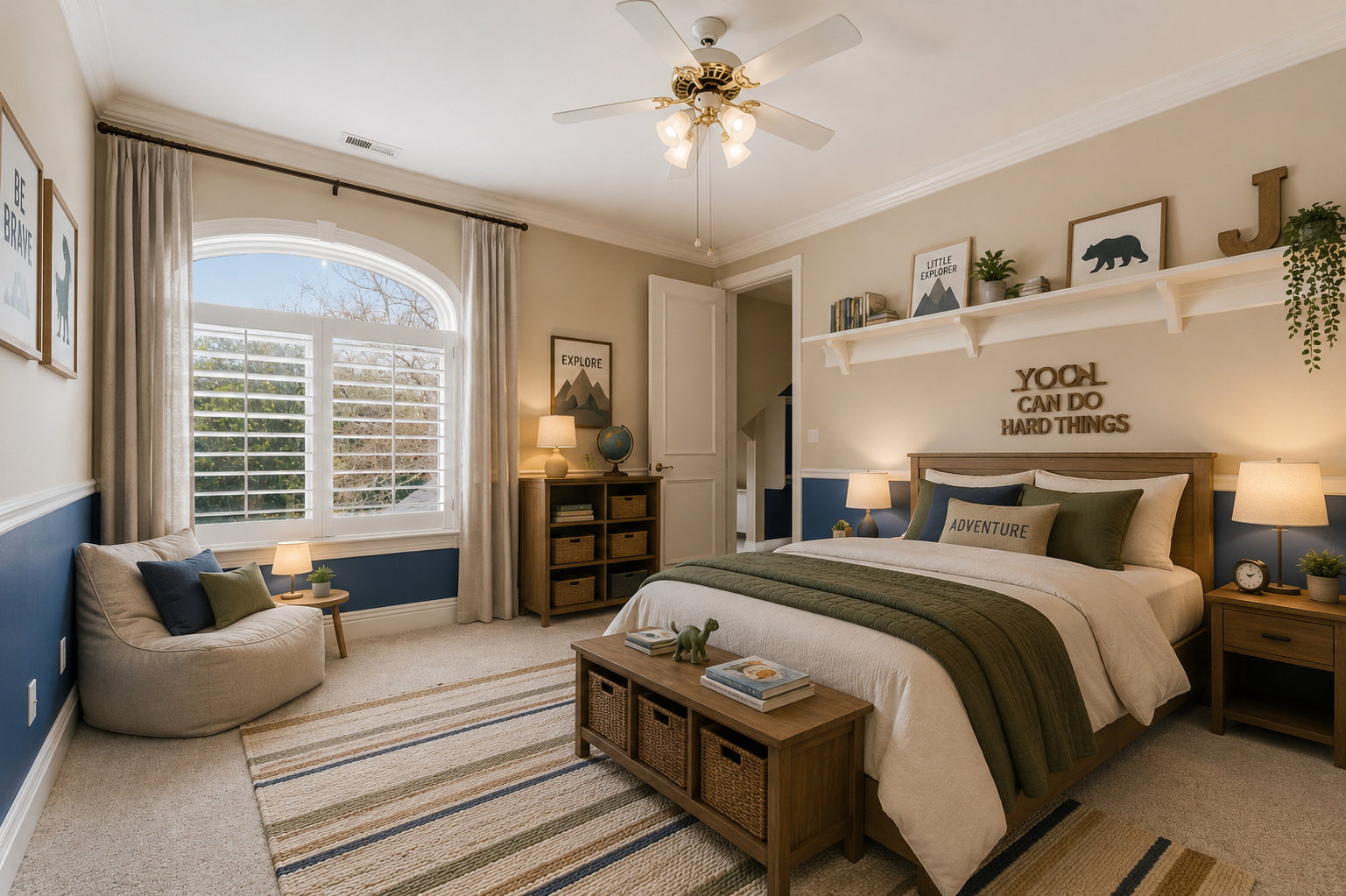 Bedroom featuring a large arched window with white plantation shutters, crown molding, a ceiling fan with light fixture, and a two-tone wall treatment