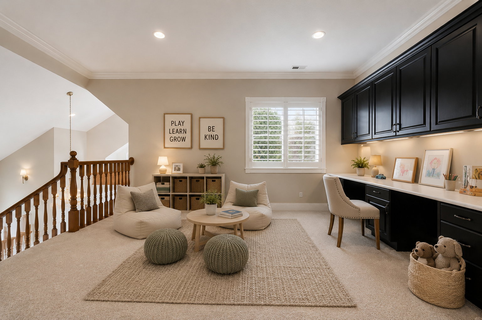 Carpeted loft area featuring a built-in desk with dark cabinetry and white countertops, a window with plantation shutters, recessed lighting, and a wood baluster railing