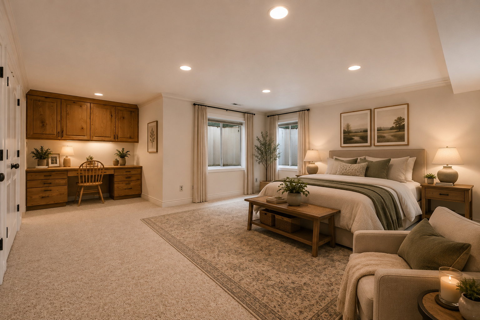 Spacious bedroom featuring recessed lighting, light-toned carpeting, and a built-in wooden desk with upper cabinetry and under-cabinet lighting