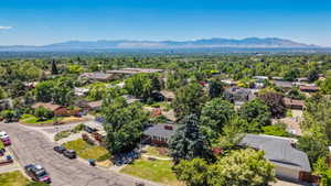 Residential neighborhood with mature trees, established homes, and distant mountain backdrop