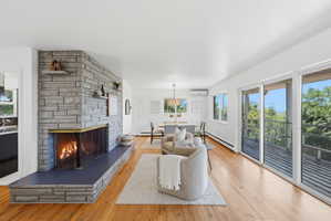 Expansive living area featuring a stone-clad fireplace with a hearth, wood-finish flooring, white walls, and multiple sliding glass doors opening to an outdoor deck