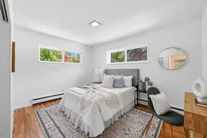 Bright room featuring wood-finish flooring and multiple horizontal windows