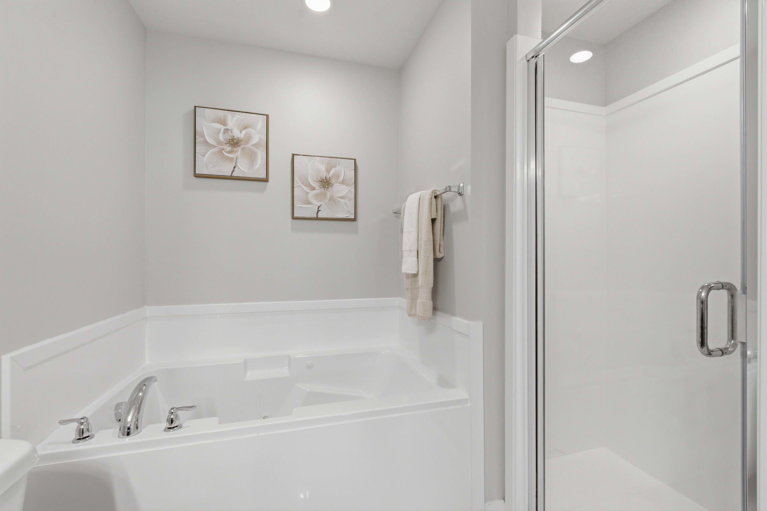 Spacious soaking tub with polished chrome fixtures and a separate glass-enclosed shower