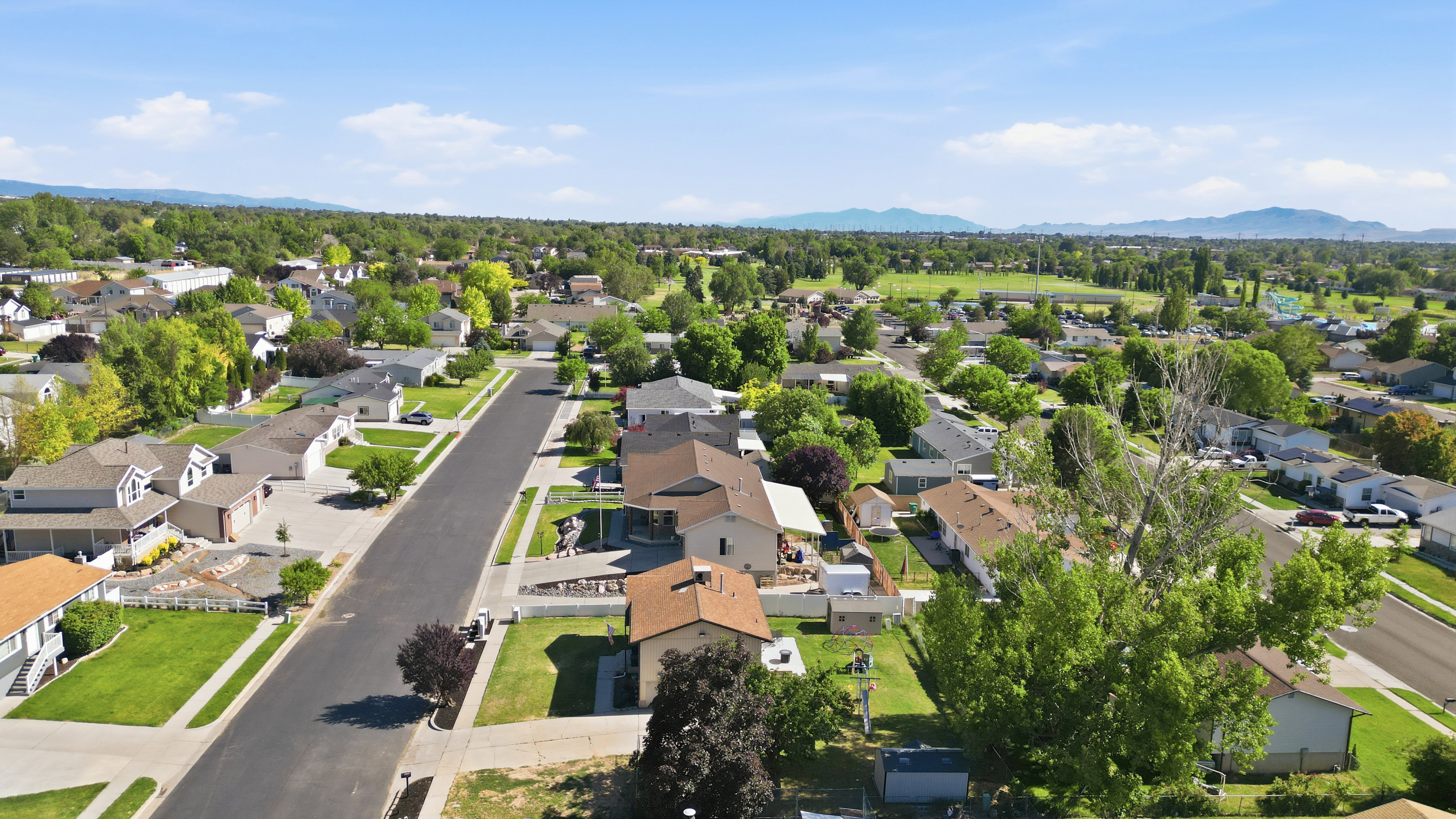 Residential neighborhood featuring tree-lined streets and a distant green space