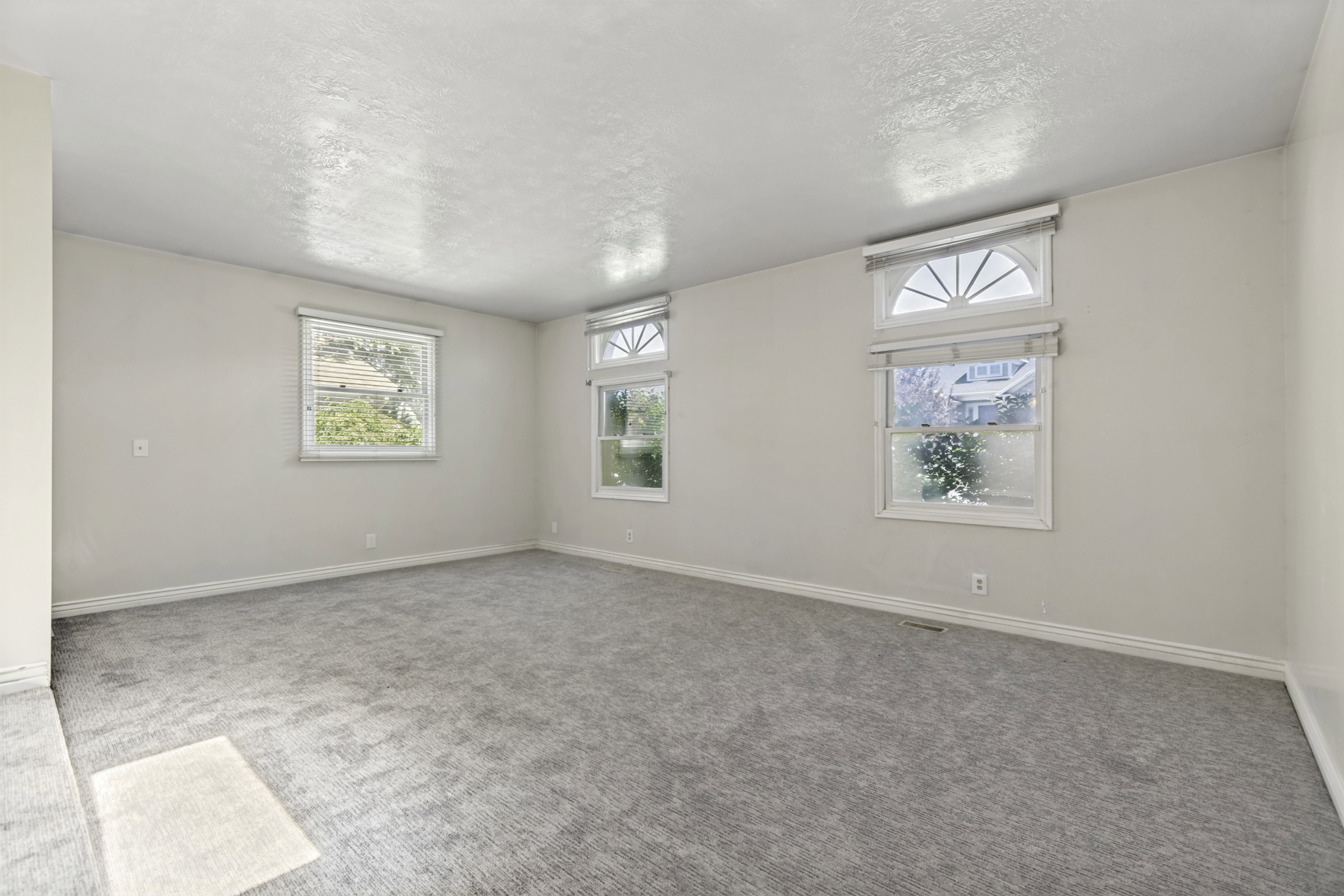 Spacious room featuring light gray carpeting, neutral-toned walls, and multiple windows