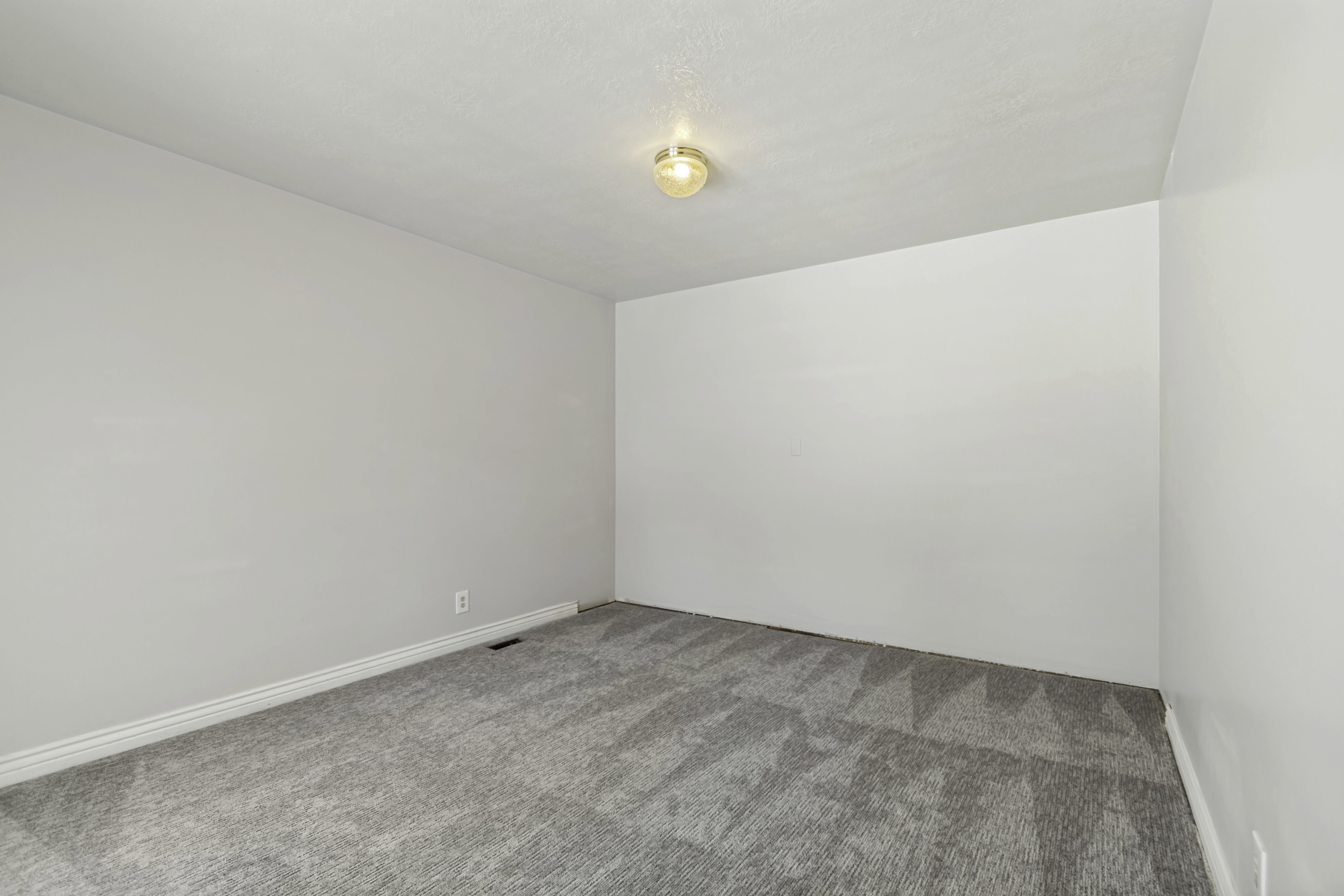 Carpeted interior space featuring a light gray geometric pattern, white baseboards, and a flush mount ceiling light fixture
