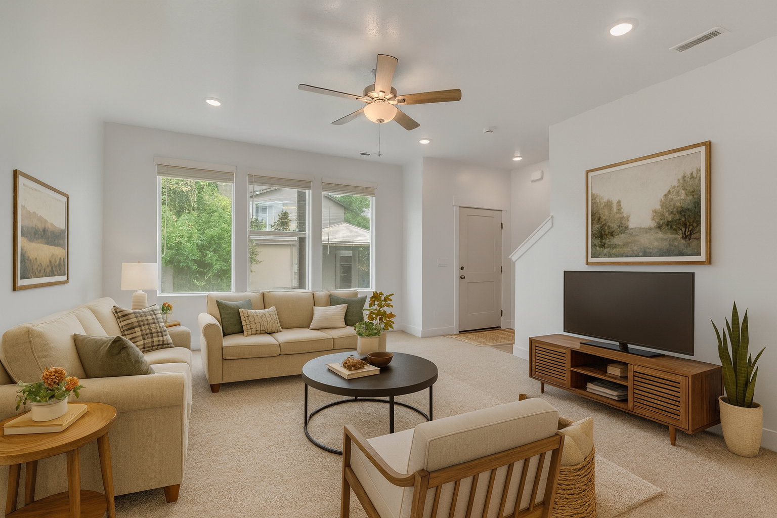 Spacious living area featuring neutral carpeting, a ceiling fan with integrated lighting, and recessed lighting throughout