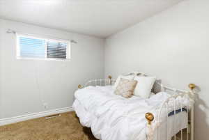 Compact room featuring light gray walls, a horizontal window with white blinds, and a brown carpeted floor