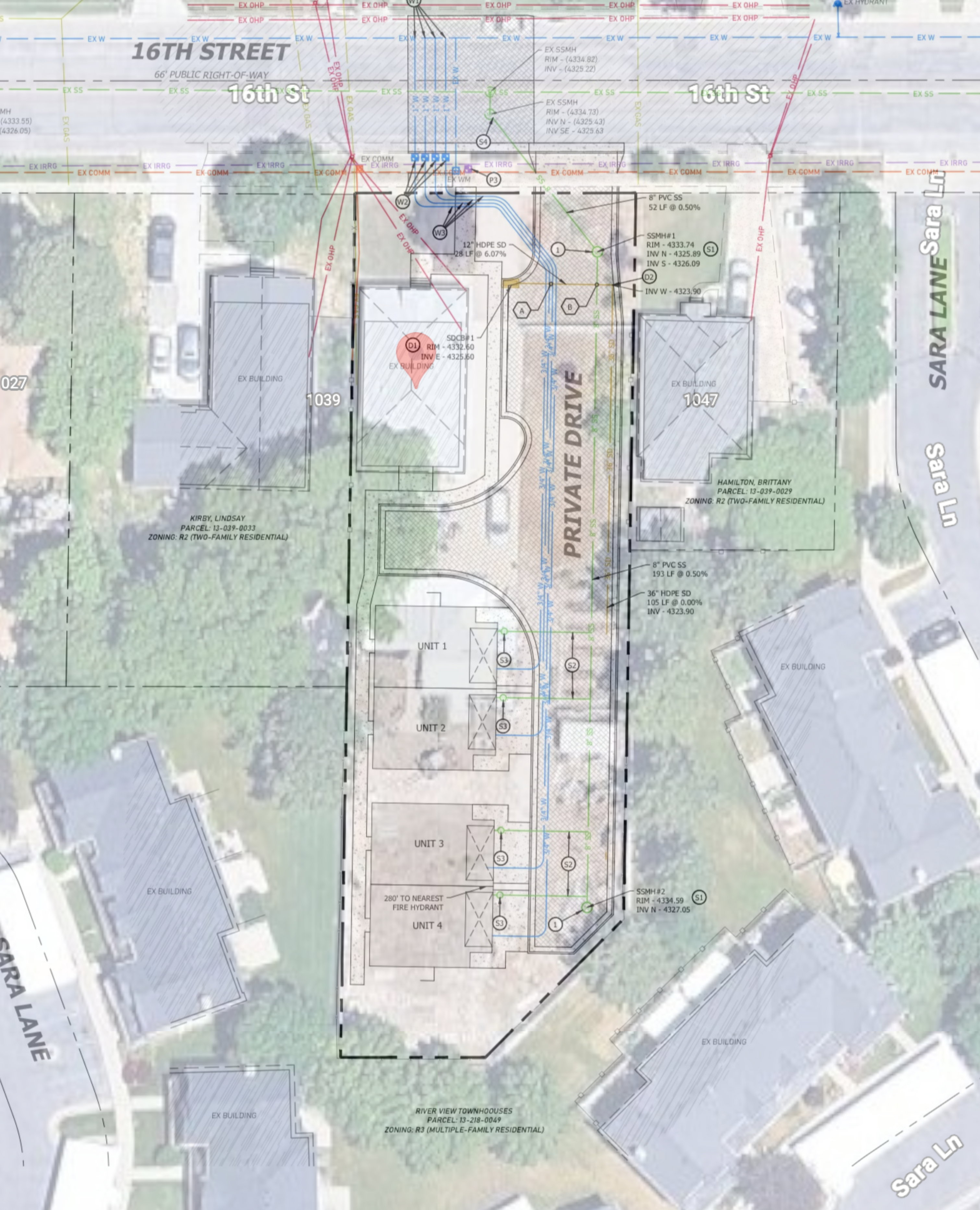 Site Plan. Illustrating the layout of the property with unit configurations and access points