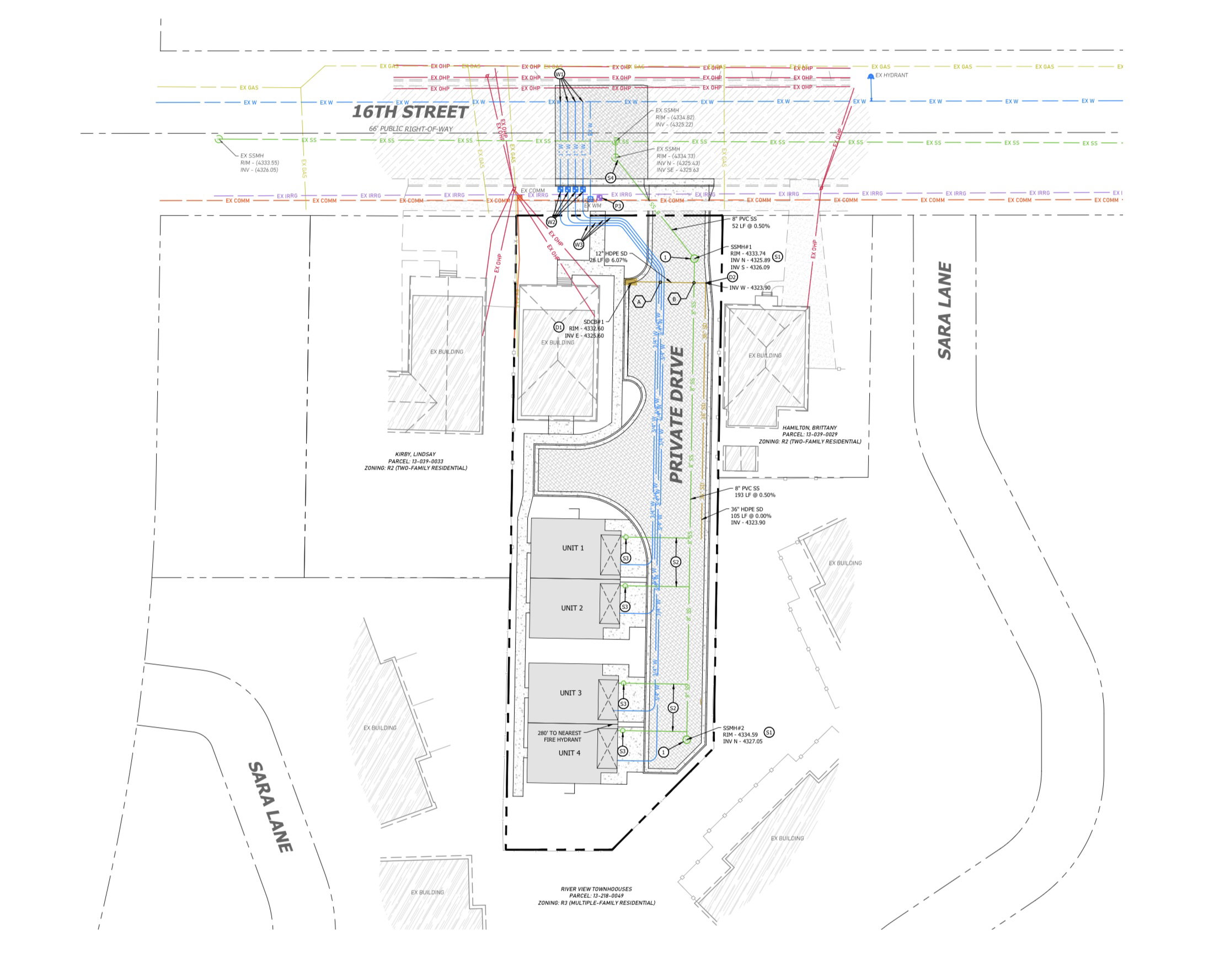 Site Plan. Illustrating the property layout, including units and access routes