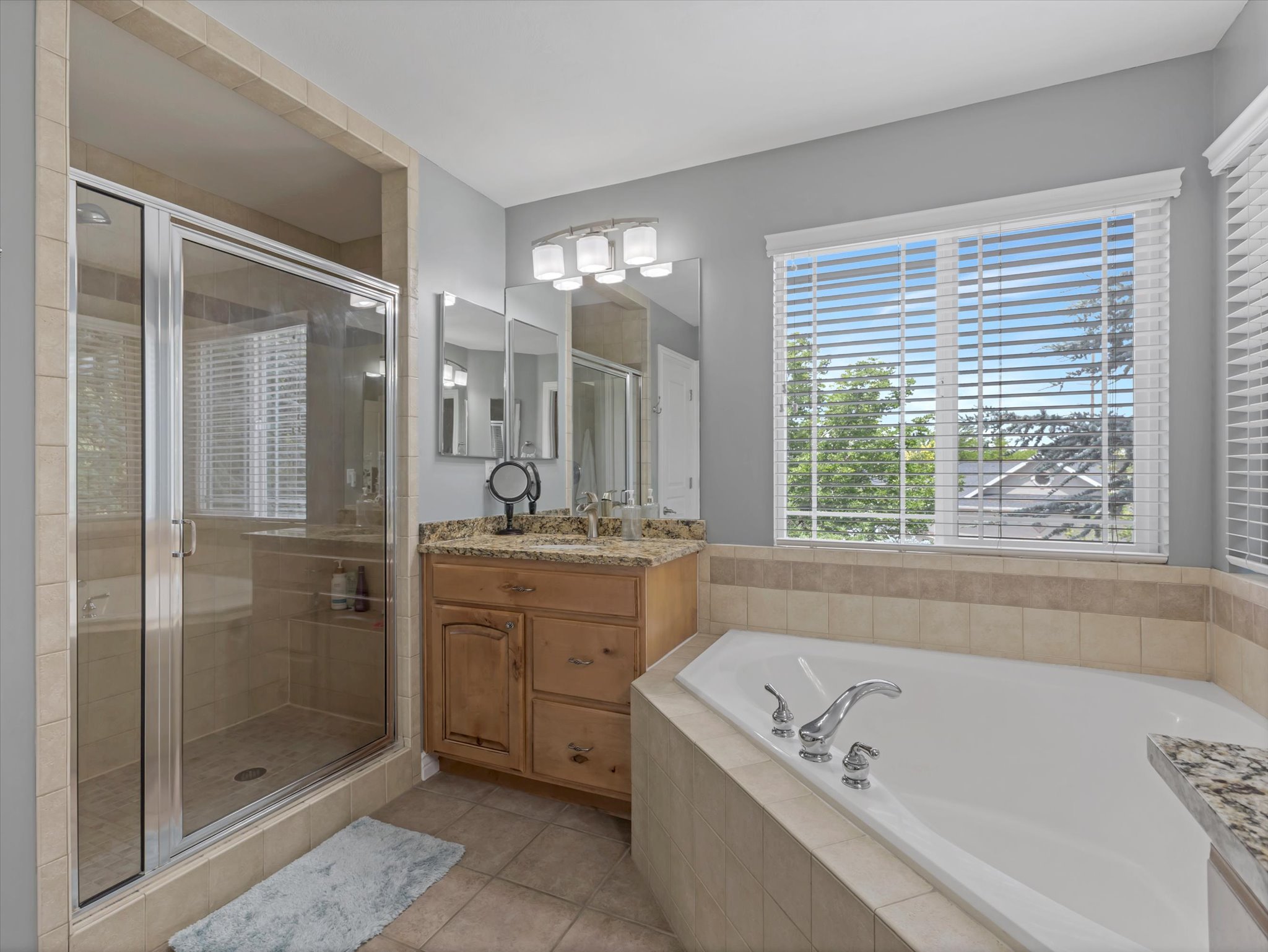 Primary suite bathroom with separate tub and walk-in shower, and vanity.