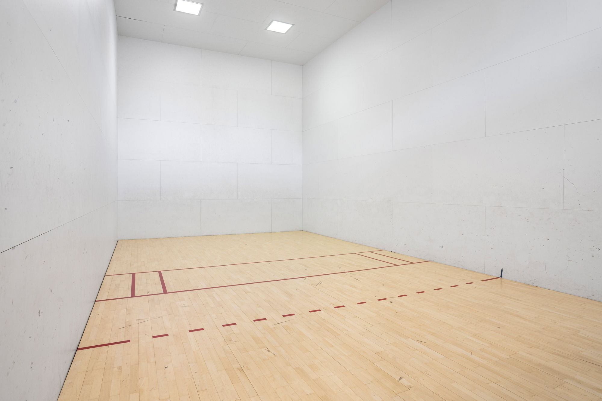 Dedicated indoor court featuring light wood flooring with red court lines and white paneled walls