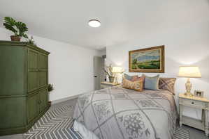 Carpeted bedroom featuring white walls and a ceiling light fixture