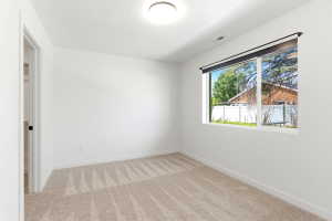 Neutral wall paint, plush carpeting, overhead lighting, and a large window with a roller shade