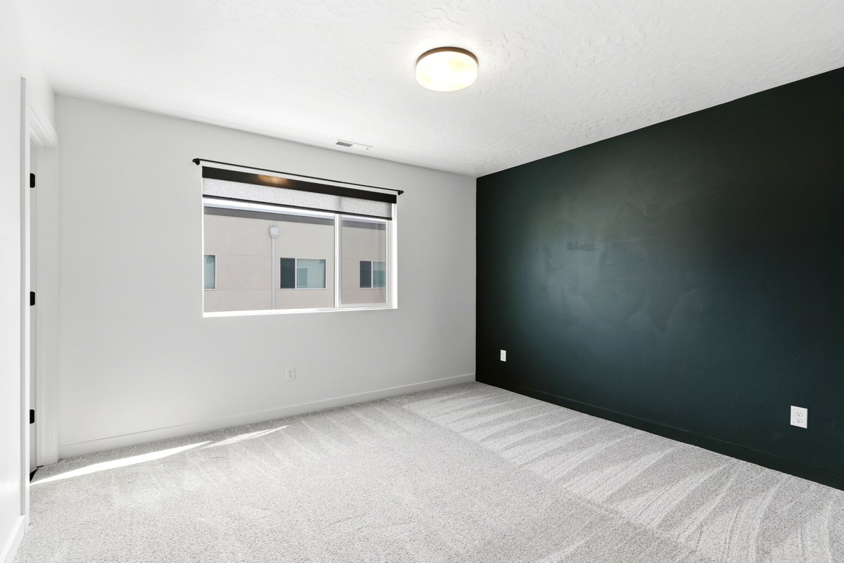 Spacious room featuring light-toned carpet, a contrasting dark accent wall, and a large window with roller shades