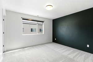 Spacious room featuring light-toned carpet, a contrasting dark accent wall, and a large window with roller shades