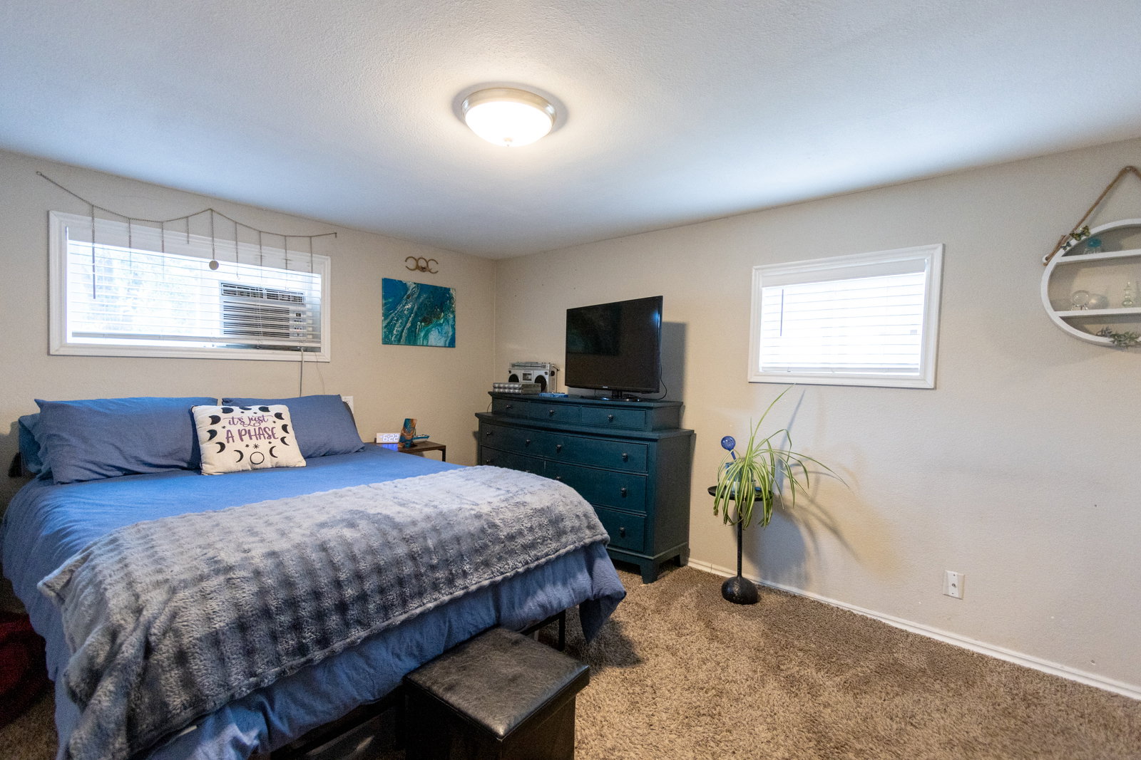 Carpeted room featuring a ceiling-mounted light fixture, two windows with blinds, and light-colored wall paint