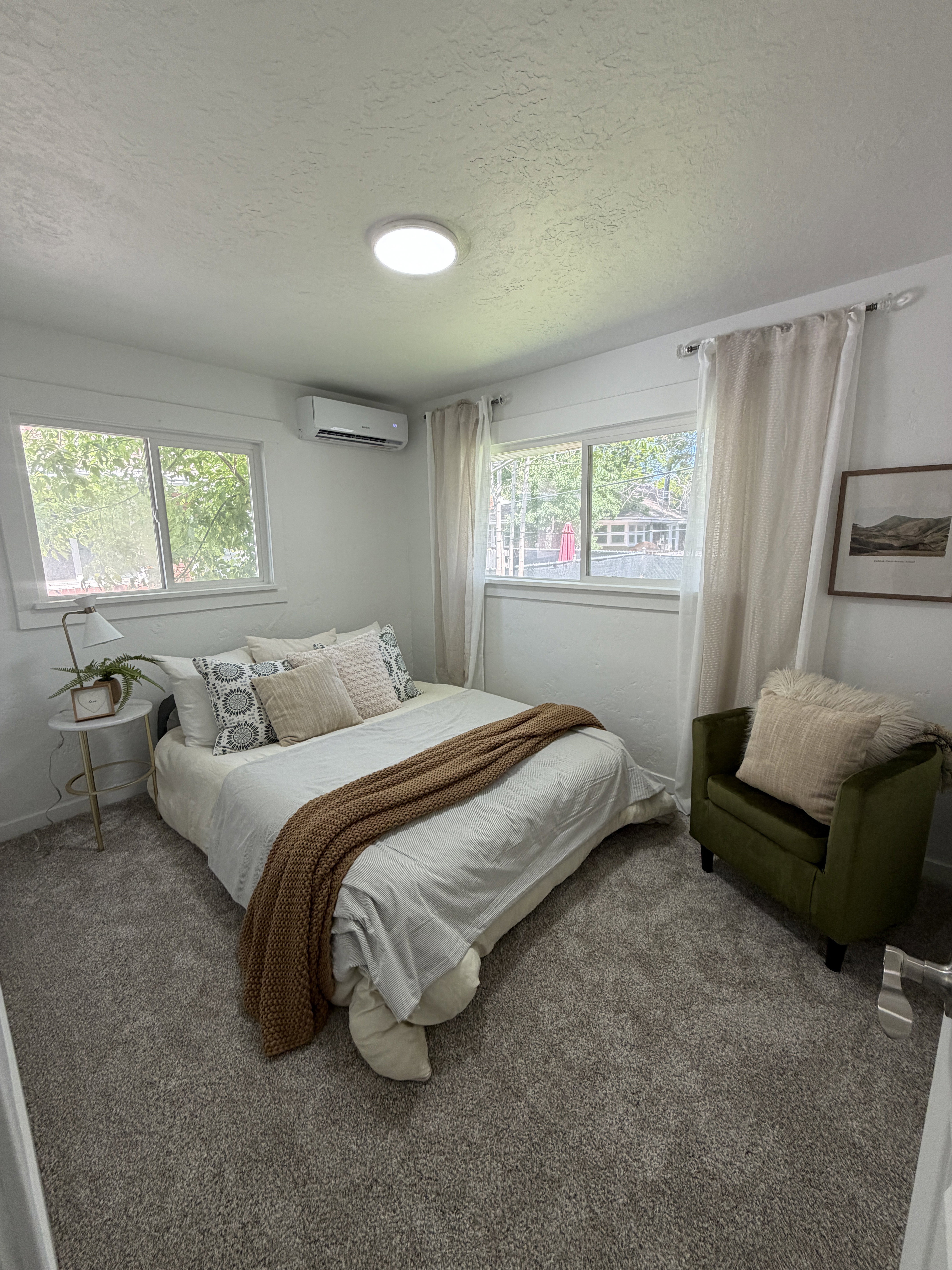 Wall-to-wall carpeting and a ceiling-mounted light fixture define this room