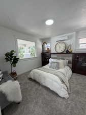 Recessed ceiling lighting, plush gray carpeting, built-in dark wood cabinetry with glass fronts, wood-finish accent wall, and a ductless mini-split system