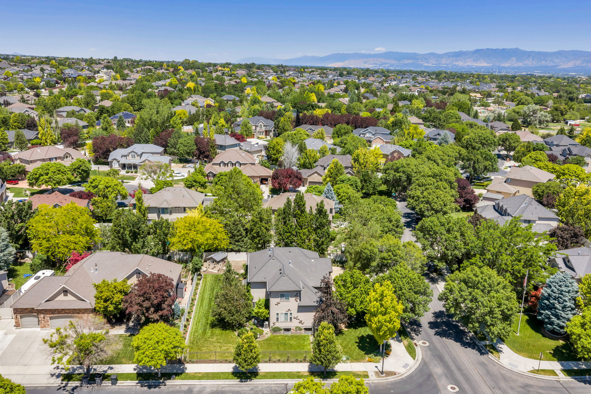 Expansive residential area featuring numerous single-family homes, mature trees, and paved streets