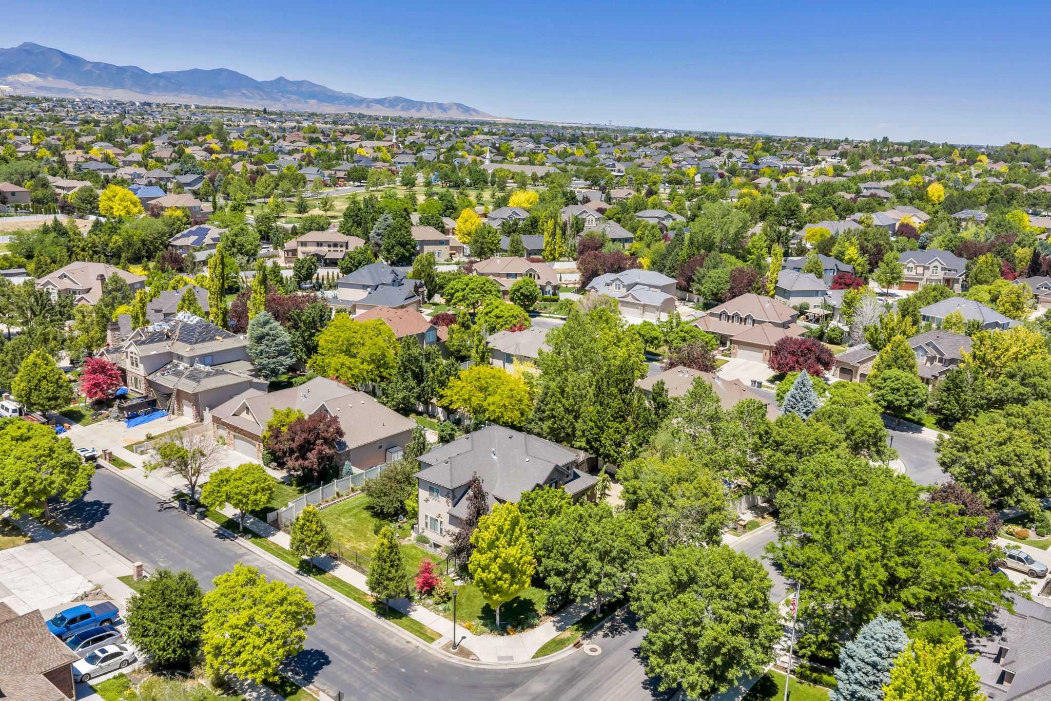 Expansive residential area featuring numerous single-family homes with diverse architectural styles, mature landscaping, and tree-lined streets