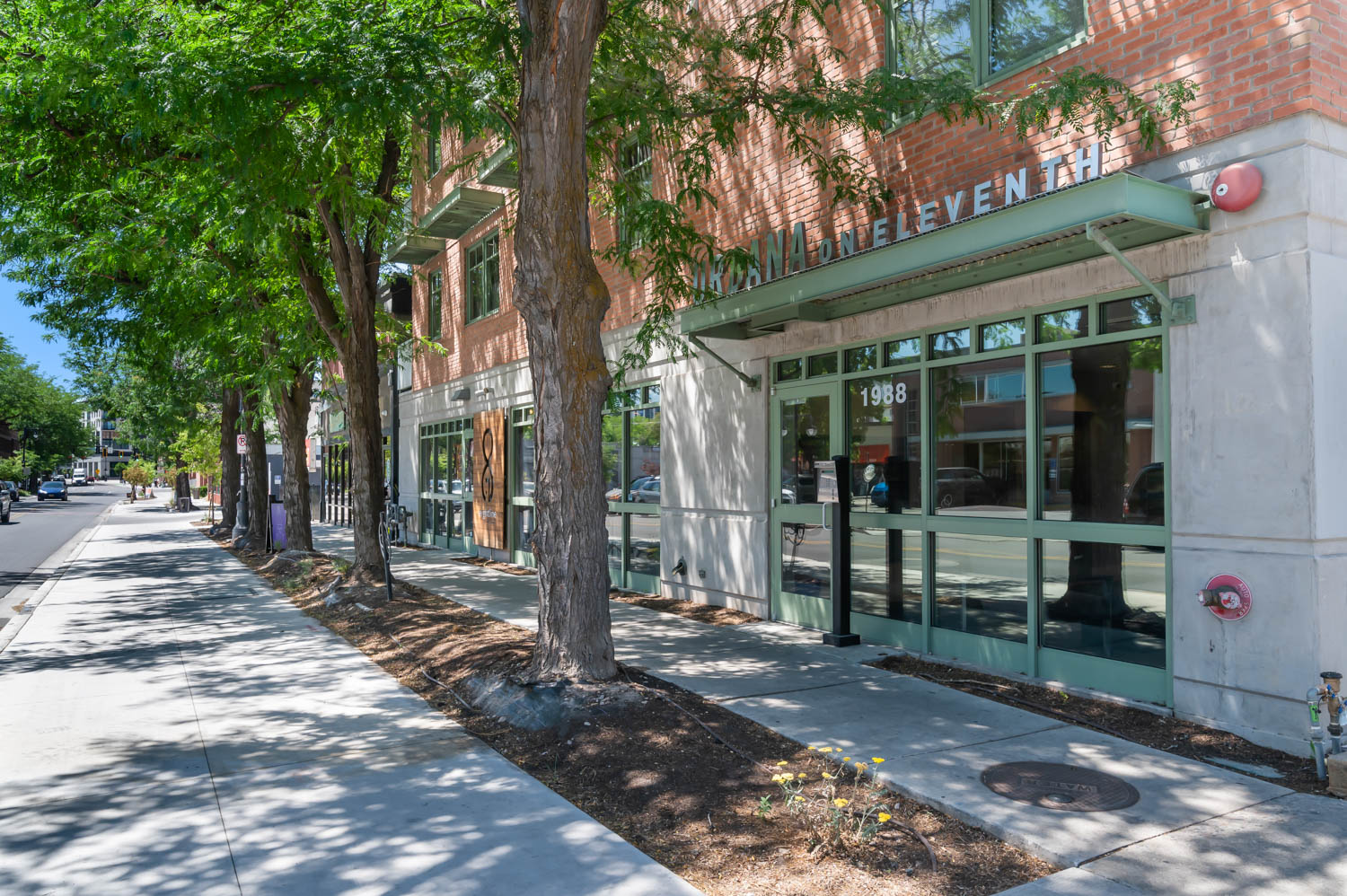 Brick and concrete facade with expansive storefront windows