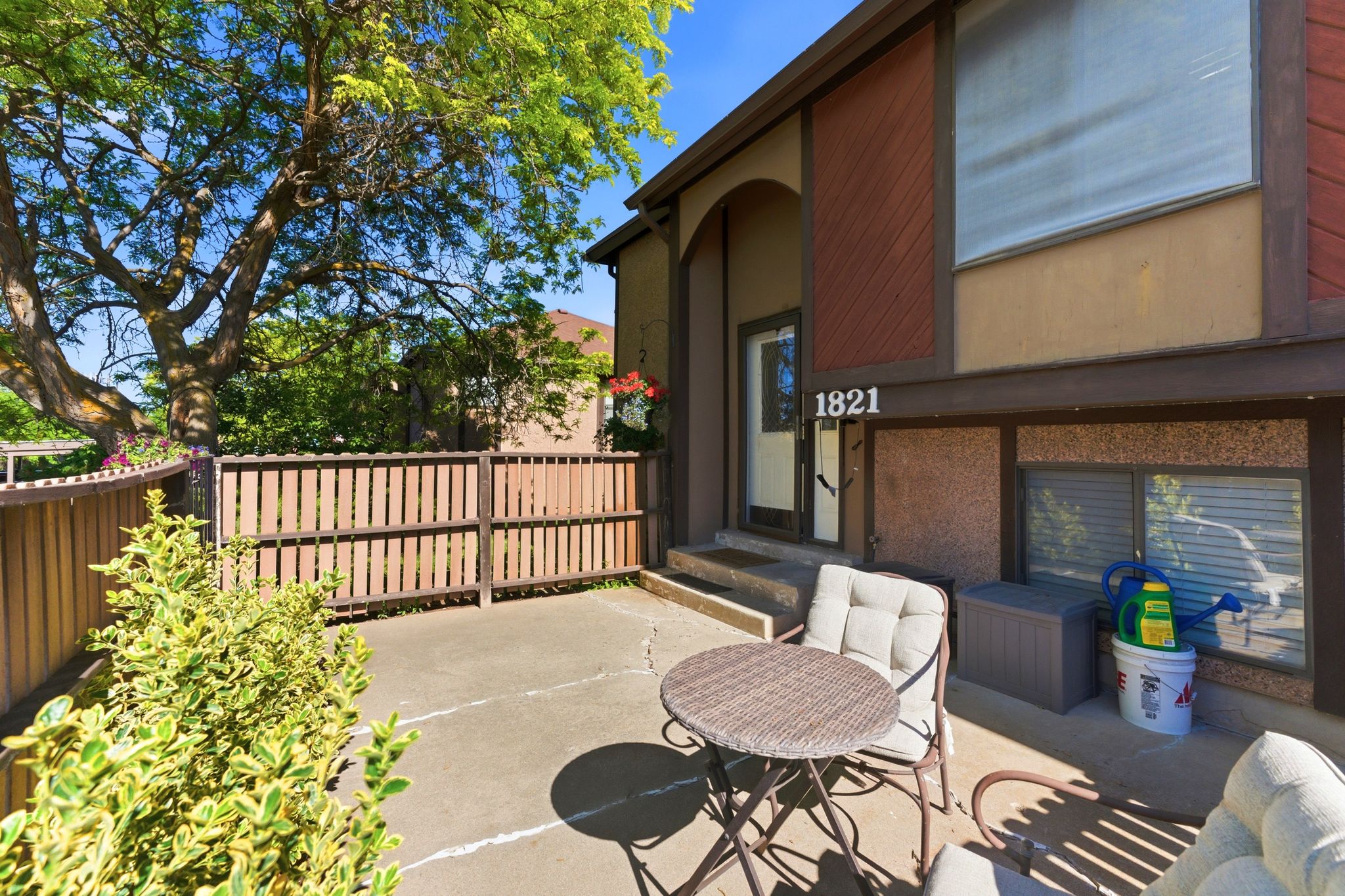 Exterior entry featuring a concrete patio, wood privacy fencing, mature trees, and an arched entry alcove