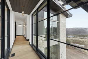 Contemporary hallway with light wood-finish flooring, dark wood ceiling, and recessed lighting