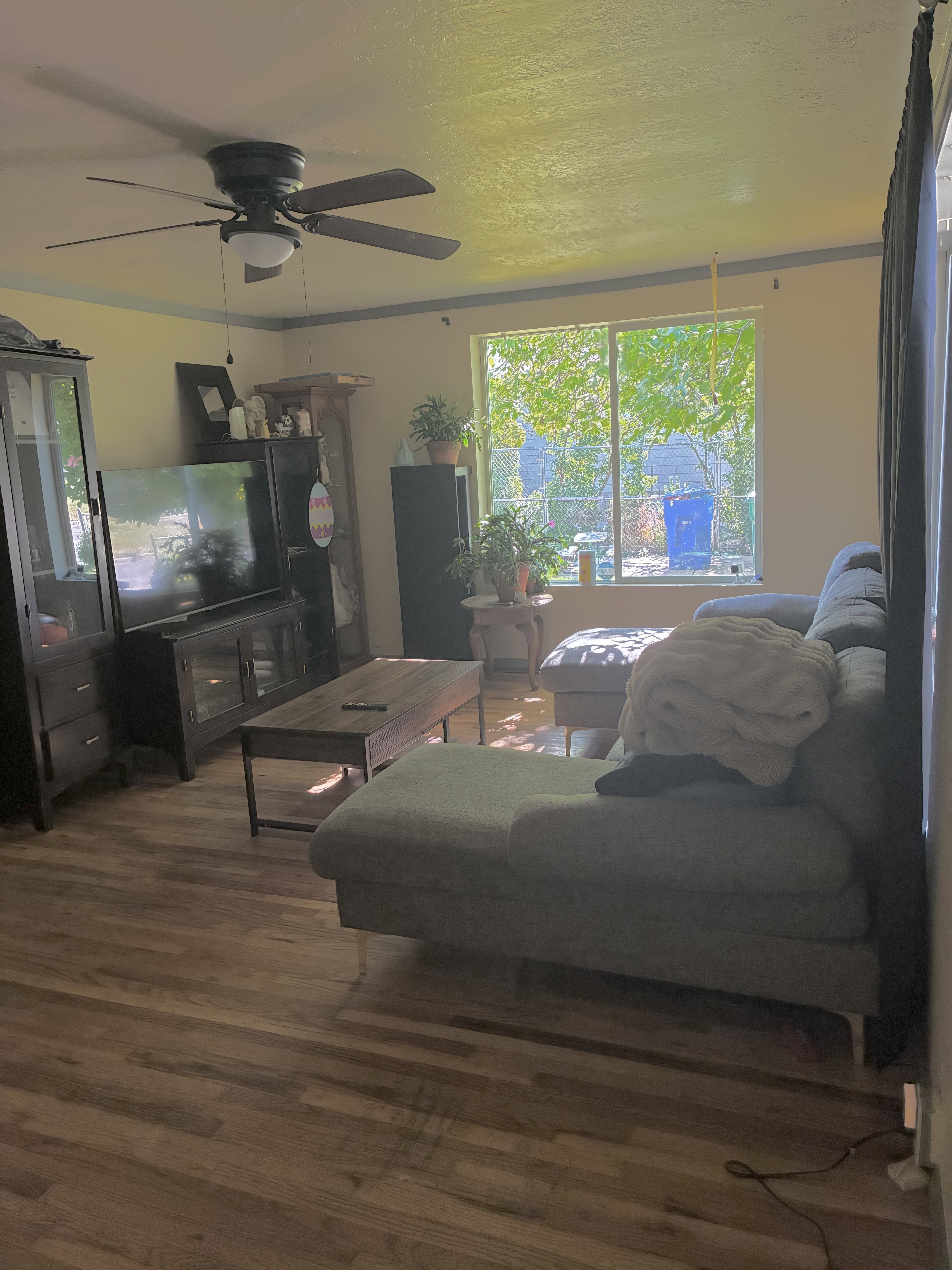 Living area featuring wood-finish flooring, a ceiling fan with integrated lighting, and a large window