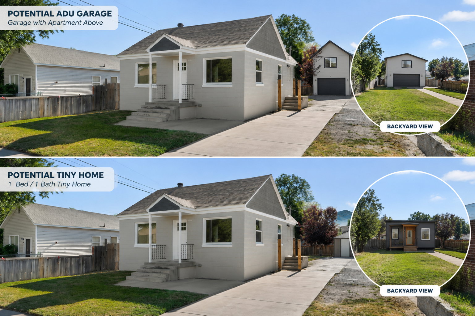 Property Enhancement Renderings. Illustrating potential accessory dwelling unit configurations for the property