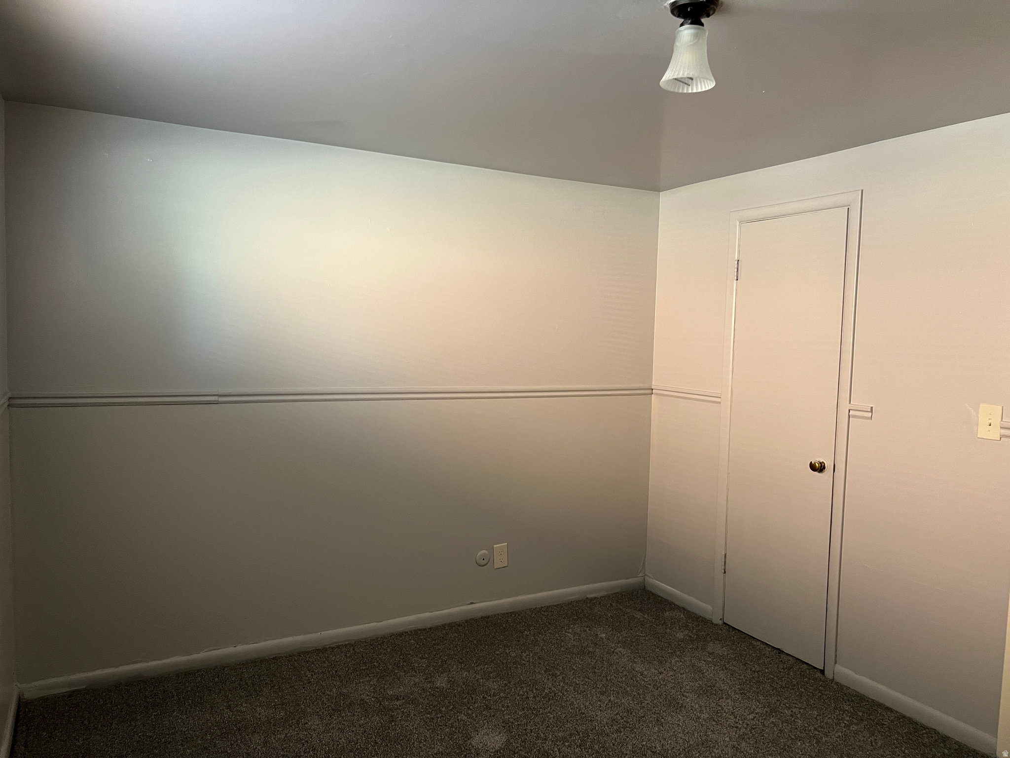 Room featuring neutral-toned walls with a chair rail, gray carpeting, a white door, and a ceiling-mounted light fixture