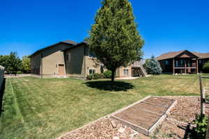 Expansive backyard featuring a manicured lawn, established tree, and a raised garden bed