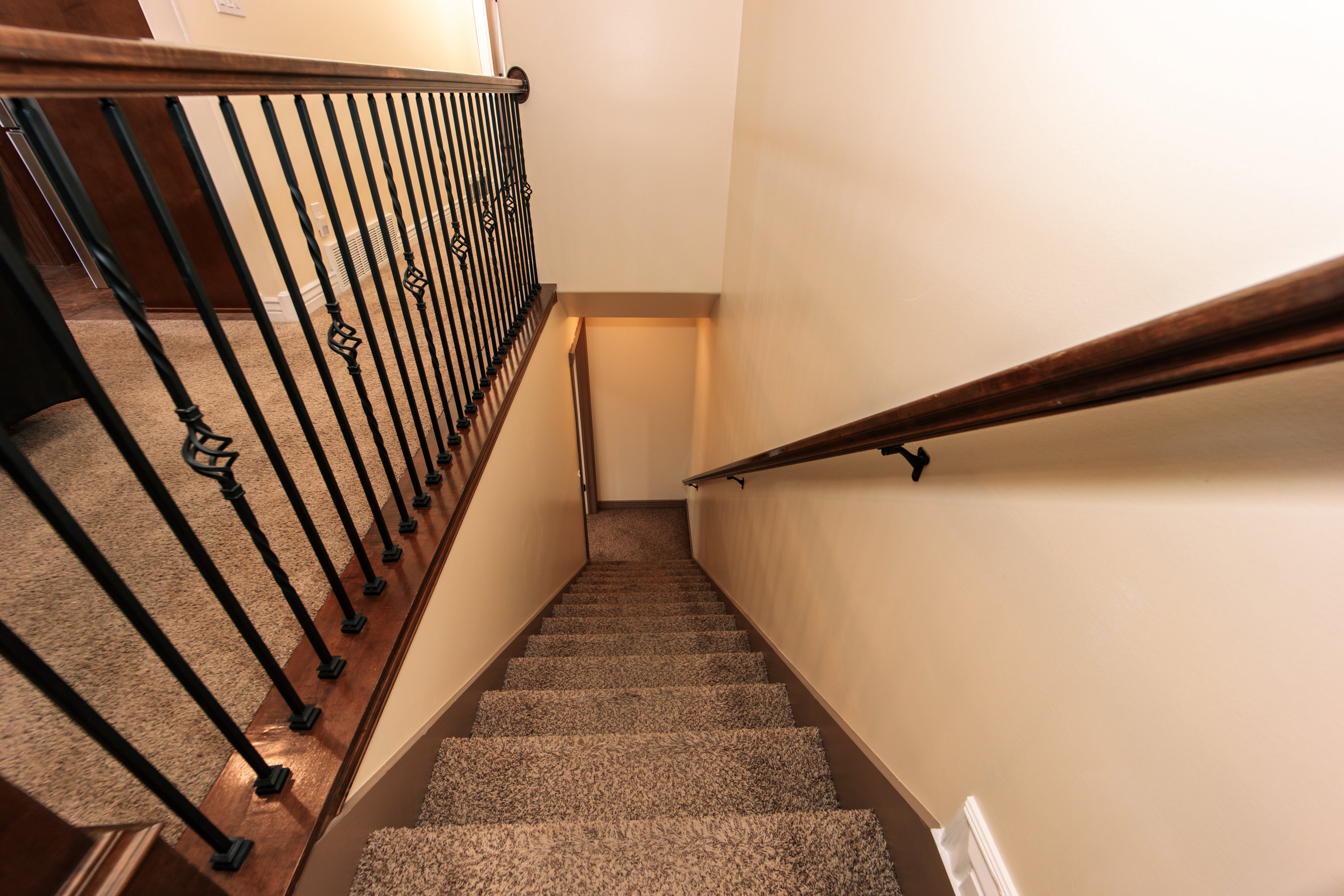 Carpeted staircase featuring a decorative wrought iron balustrade with wood handrails and neutral wall finishes