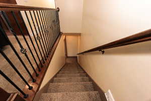 Carpeted staircase featuring a decorative wrought iron balustrade with wood handrails and neutral wall finishes