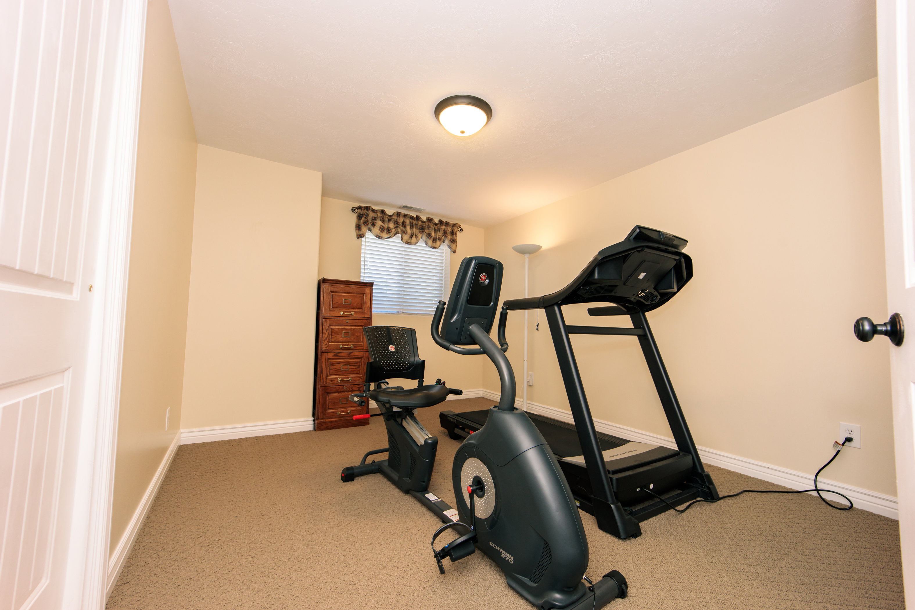 Bedroom, with neutral-toned room featuring carpet flooring, painted walls, a flush-mount ceiling light, and a window with blinds
