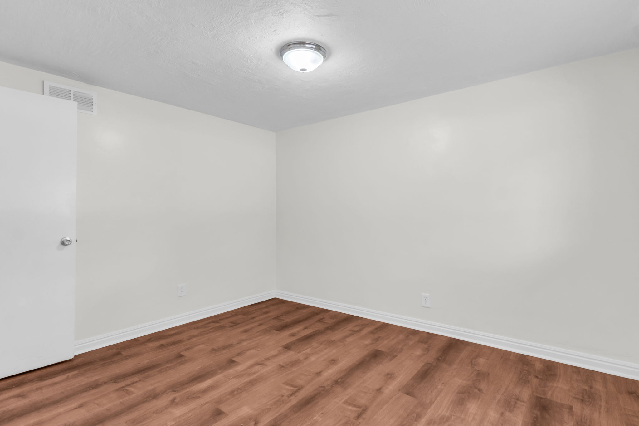 Open room featuring wood-finish flooring, white painted walls, white trim, and a flush-mount ceiling light fixture