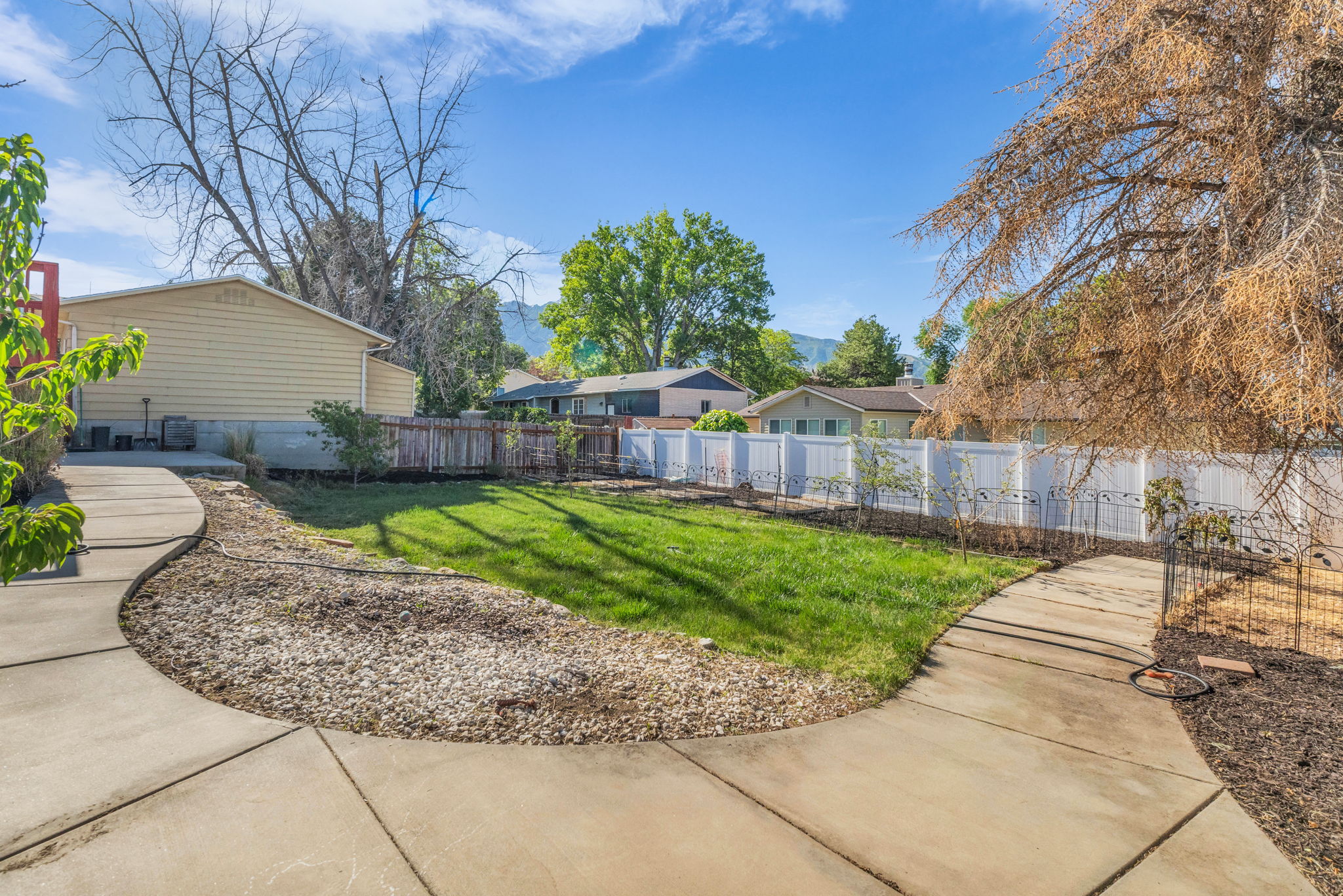 Expansive green lawn surrounded by mature landscaping and concrete pathways