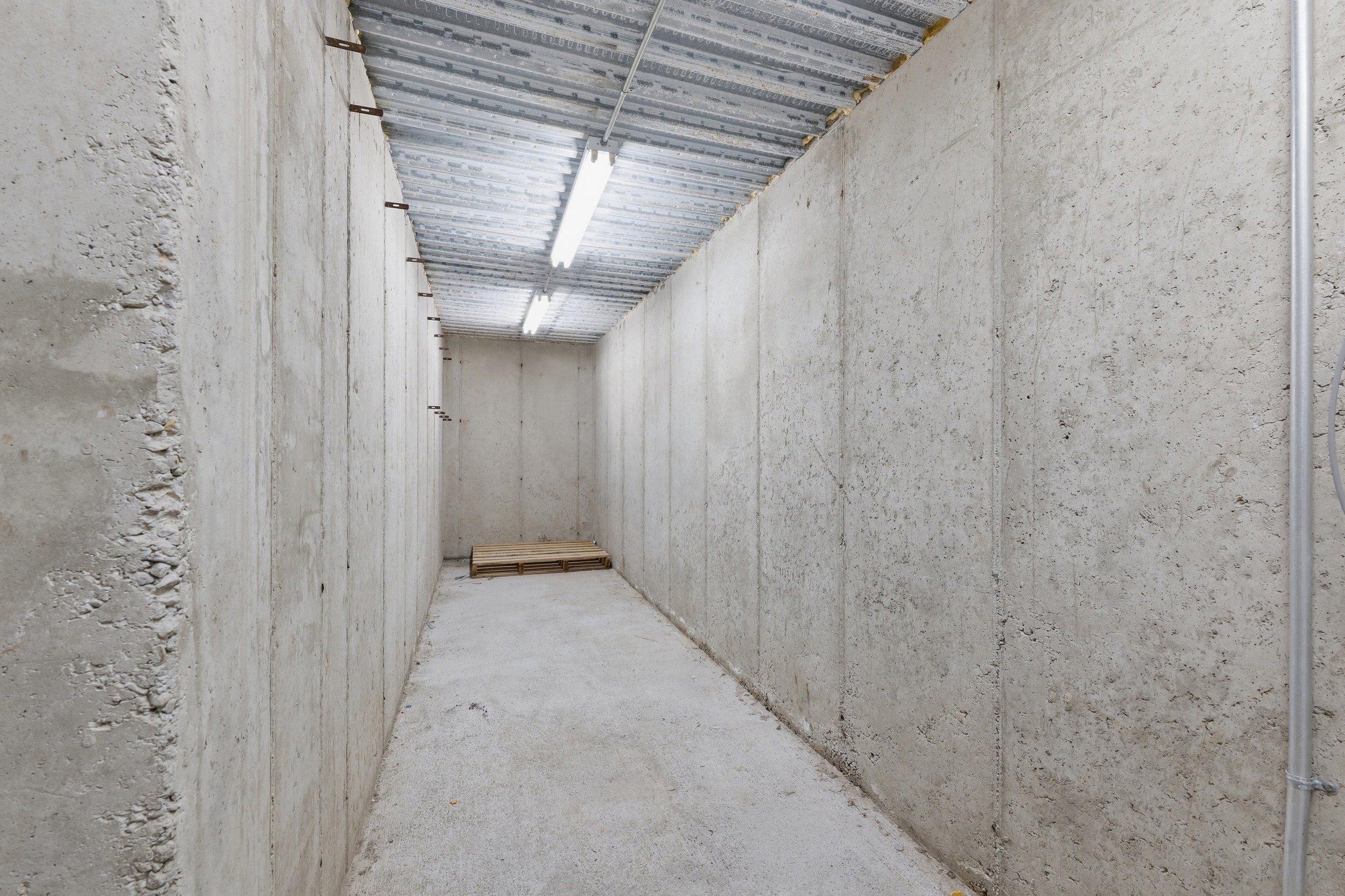 Unfinished concrete room featuring exposed ceiling joists and fluorescent overhead lighting