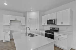 Spacious kitchen island featuring a double-basin stainless steel sink and gooseneck faucet