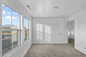 Bright room featuring expansive windows with mountain scenery, plush carpet flooring, a contemporary flush mount light fixture, and a white panel door