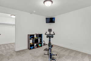 Carpeted room with a wall-mounted television and a flush-mount ceiling light