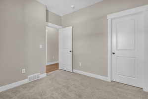 Neutral-toned room featuring light gray walls and plush gray carpeting