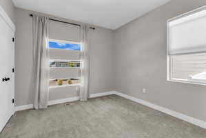 Neutral-toned room featuring a large multi-pane window with light-filtering curtains, a second window with a cellular shade, and plush gray carpeting